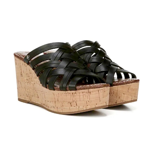 Sam Edelman Devon Wedge Leather Sandal Black 9 - Picture 1 of 7